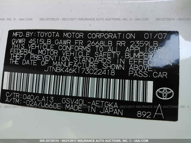 JTNBK46K173022418 - 2007 TOYOTA CAMRY NEW GENERAT LE/XLE/SE WHITE photo 9
