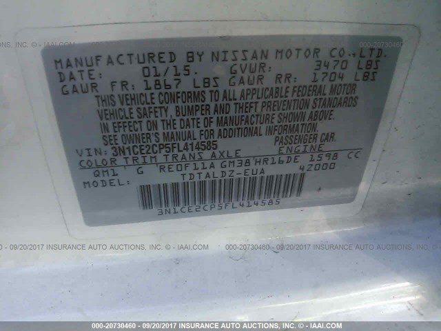 3N1CE2CP5FL414585 - 2015 NISSAN VERSA NOTE S/S PLUS/SV/SL/SR WHITE photo 9