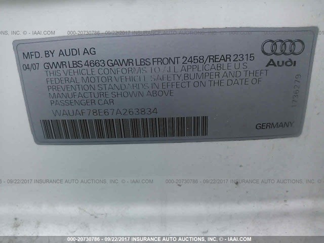 WAUAF78E67A263834 - 2007 AUDI A4 2/TURBO WHITE photo 9