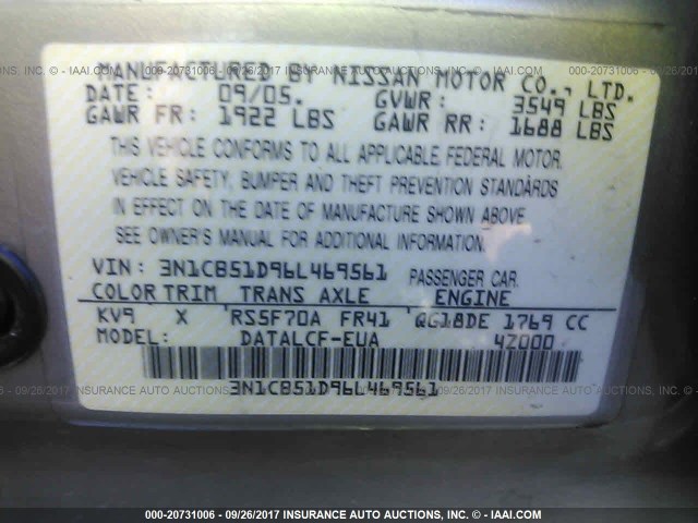 3N1CB51D96L469561 - 2006 NISSAN SENTRA 1.8/1.8S CREAM photo 9