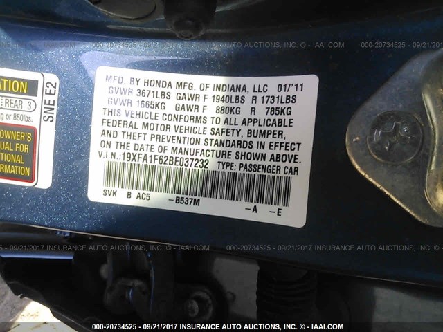 19XFA1F62BE037232 - 2011 HONDA CIVIC LX-S Mavi foto 9