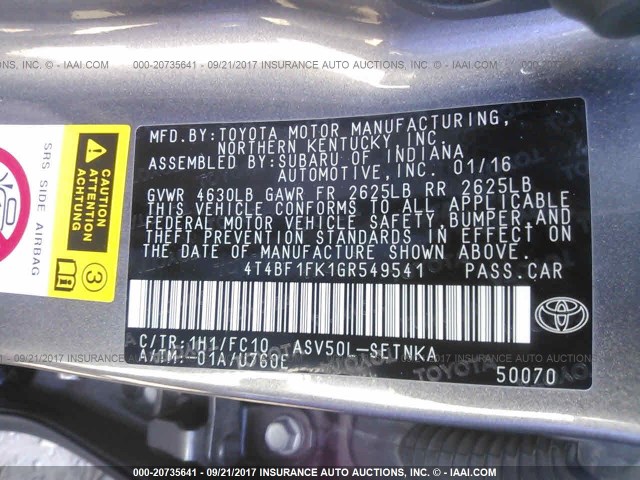 4T4BF1FK1GR549541 - 2016 TOYOTA CAMRY LE/XLE/SE/XSE GRAY photo 9