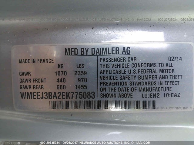 WMEEJ3BA2EK775083 - 2014 SMART FORTWO PURE/PASSION WHITE photo 9