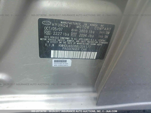 KMHDU46D88U334171 - 2008 HYUNDAI ELANTRA GLS/SE/LIMITED GRAY photo 9