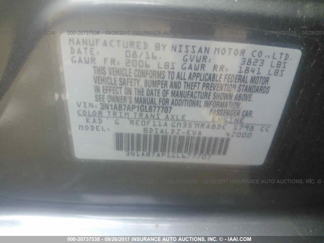 3N1AB7AP1GL677707 - 2016 NISSAN SENTRA S/SV/SR/SL GRAY photo 9