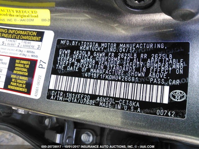 4T1BF1FK0HU426681 - 2017 TOYOTA CAMRY LE/XLE/SE/XSE GRAY photo 9
