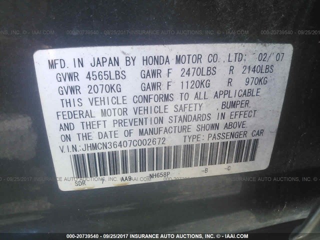 JHMCN36407C002672 - 2007 HONDA ACCORD HYBRID GRAY photo 9