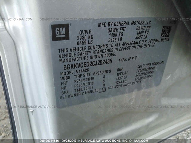5GAKVCED2CJ252436 - 2012 BUICK ENCLAVE GOLD photo 9