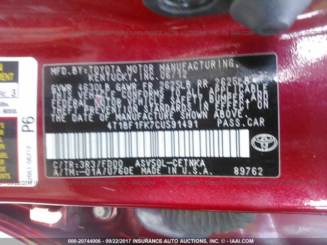 4T1BF1FK7CU591491 - 2012 TOYOTA CAMRY SE/LE/XLE RED photo 9