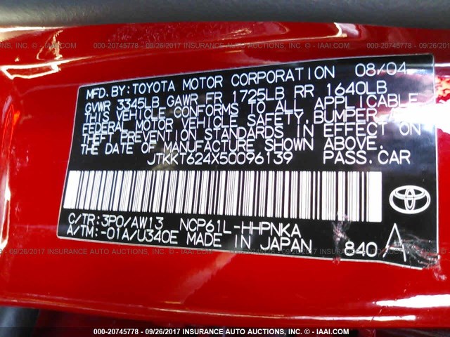 JTKKT624X50096139 - 2005 TOYOTA SCION XA RED photo 9