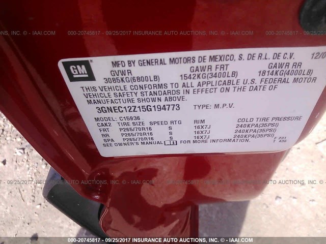 3GNEC12Z15G194773 - 2005 CHEVROLET AVALANCHE C1500 RED photo 9