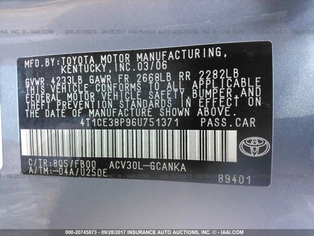 4T1CE38P96U751371 - 2006 TOYOTA CAMRY SOLARA SE/SLE BLUE photo 9