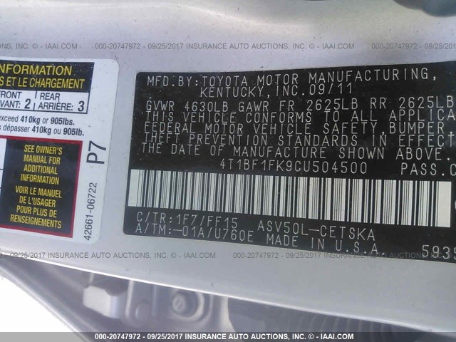 4T1BF1FK9CU504500 - 2012 TOYOTA CAMRY SE/LE/XLE Серебристый фото 9