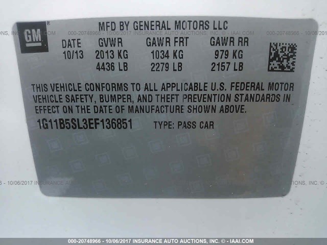 1G11B5SL3EF136851 - 2014 CHEVROLET MALIBU LS 白色 照片 9