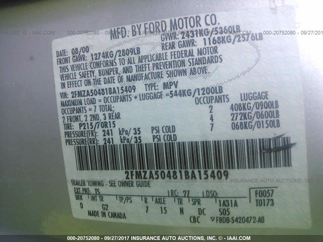 2FMZA50481BA15409 - 2001 FORD WINDSTAR LX SILVER photo 9