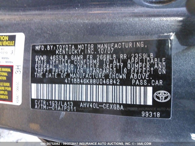 4T1BB46K88U046842 - 2008 TOYOTA CAMRY HYBRID GRAY photo 9