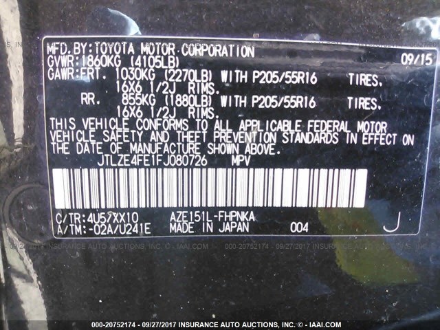 JTLZE4FE1FJ080726 - 2015 TOYOTA SCION XB BLACK photo 9