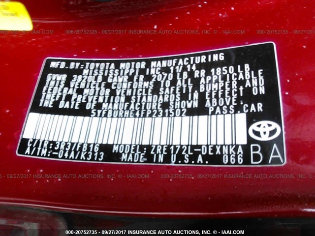 5YFBURHE4FP231502 - 2015 TOYOTA COROLLA L/LE/LE PLS/PRM/S/S PLS RED photo 9