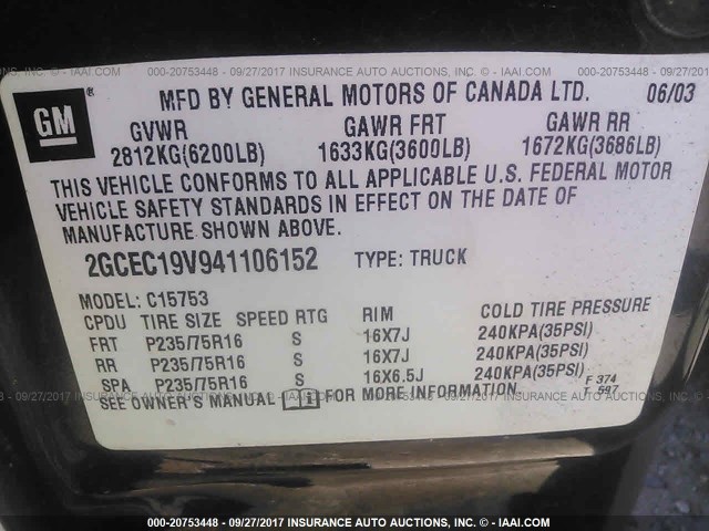 2GCEC19V941106152 - 2004 CHEVROLET SILVERADO C1500 BLACK photo 9