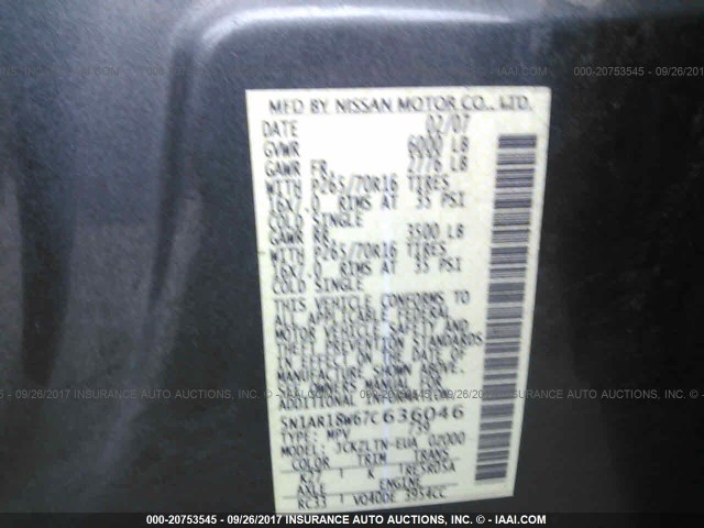 5N1AR18W67C636046 - 2007 NISSAN PATHFINDER LE/SE/XE GRAY photo 9