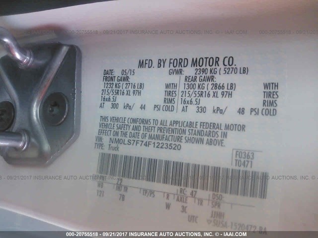 NM0LS7F74F1223520 - 2015 FORD TRANSIT CONNECT XLT WHITE photo 9