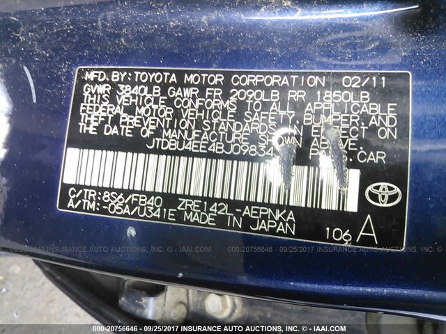 JTDBU4EE4BJ098343 - 2011 TOYOTA COROLLA S/LE BLUE photo 9