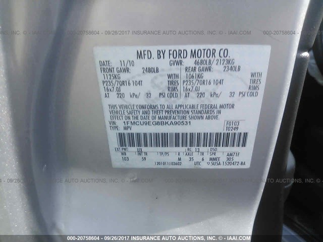 1FMCU9EG8BKA90531 - 2011 FORD ESCAPE LIMITED SILVER photo 9