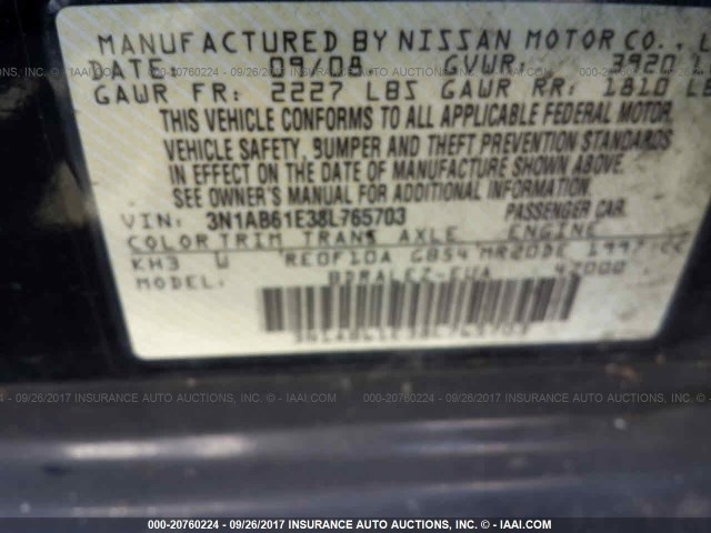 3N1AB61E38L765703 - 2008 NISSAN SENTRA 2.0/2.0S/2.0SL BLACK photo 9