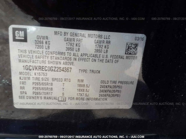 1GCVKREC0GZ254367 - 2016 CHEVROLET SILVERADO K1500 LT BLACK photo 9