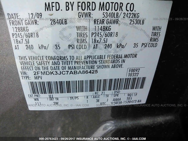 2FMDK3JC7ABA86425 - 2010 FORD EDGE SEL GRAY photo 9