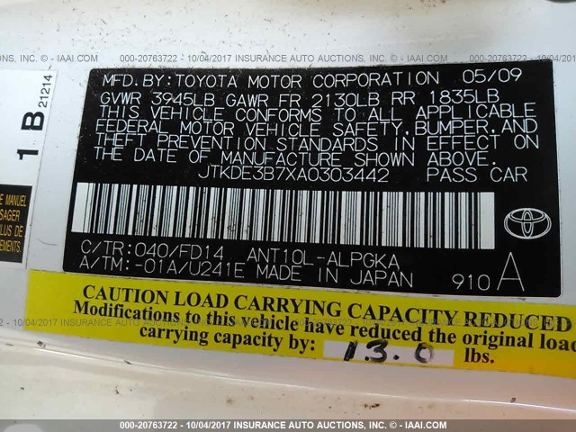 JTKDE3B7XA0303442 - 2010 TOYOTA SCION TC 白色 照片 9