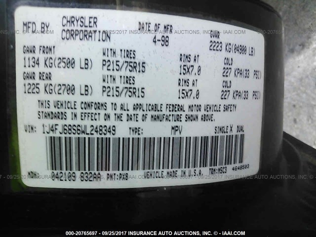 1J4FJ68S6WL248349 - 1998 JEEP CHEROKEE SPORT/CLASSIC შავი ფოტო 9