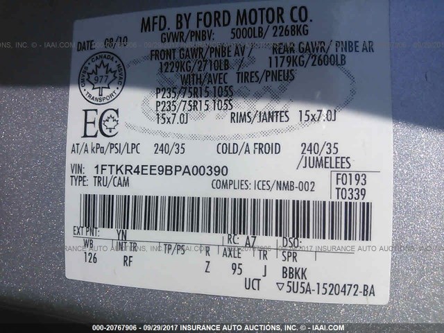 1FTKR4EE9BPA00390 - 2011 FORD RANGER SUPER CAB SILVER photo 9