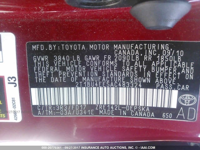 2T1BU4EE5AC483324 - 2010 TOYOTA COROLLA S/LE/XLE RED photo 9