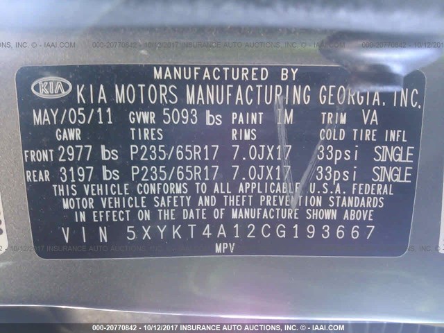 5XYKT4A12CG193667 - 2012 KIA SORENTO LX GOLD photo 9