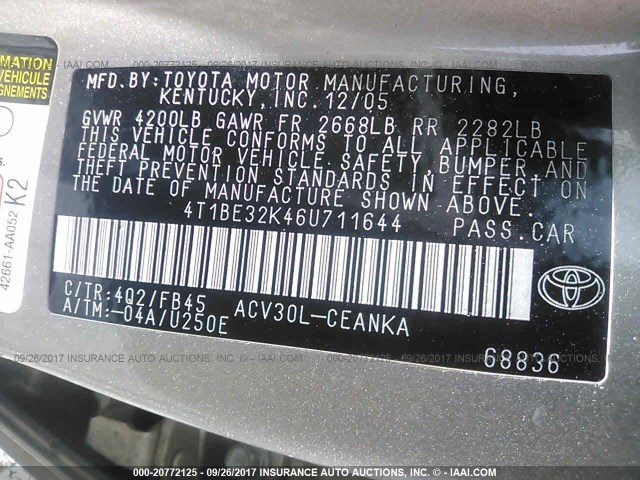 4T1BE32K46U711644 - 2006 TOYOTA CAMRY LE/XLE/SE ბეჟი ფოტო 9