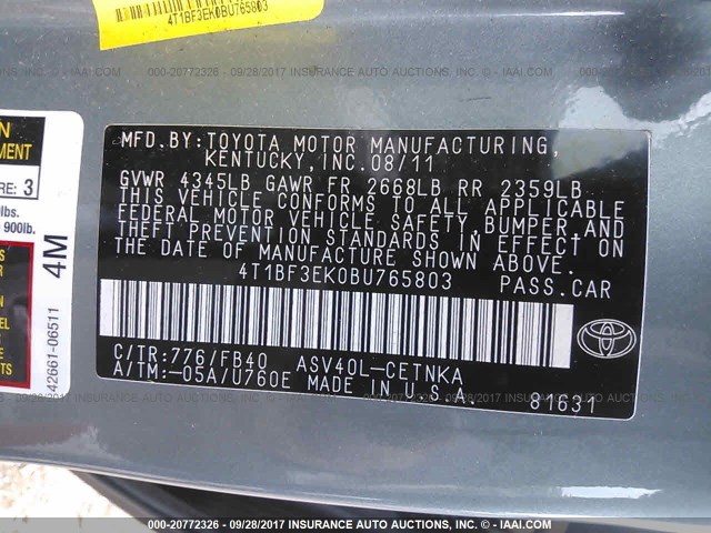 4T1BF3EK0BU765803 - 2011 TOYOTA CAMRY SE/LE/XLE მწვანე ფოტო 9