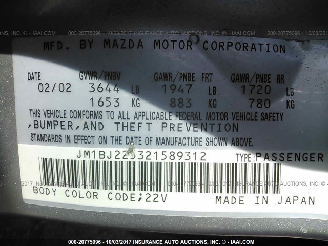 JM1BJ225321589312 - 2002 MAZDA PROTEGE DX/LX/ES SILVER photo 9