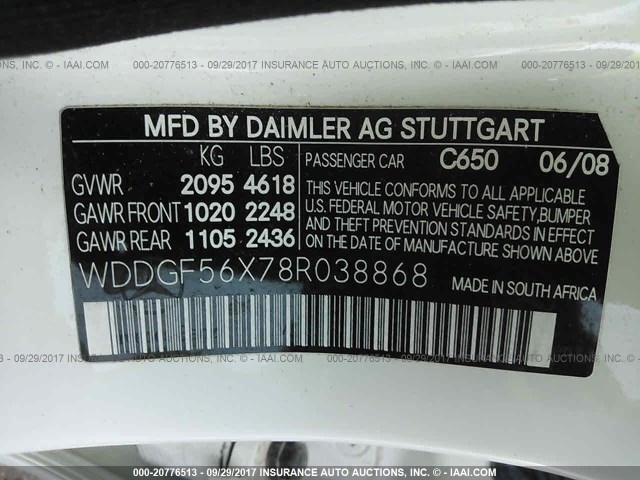 WDDGF56X78R038868 - 2008 MERCEDES-BENZ C 350 WHITE photo 9