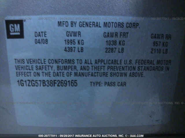 1G1ZG57B38F269165 - 2008 CHEVROLET MALIBU LS 棕色 照片 9