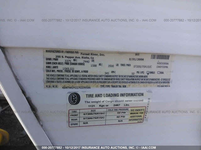4X4TWDY227C039586 - 2007 FOREST RIVER WILDWOOD  白色 照片 9