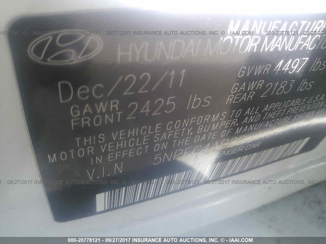 5NPEC4AB2CH446467 - 2012 HYUNDAI SONATA SE/LIMITED WHITE photo 9