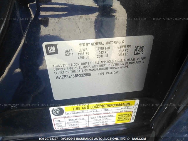 1G1ZB5E15BF332086 - 2011 CHEVROLET MALIBU LS Mavi foto 9