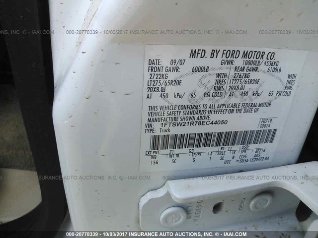 1FTSW21R78EC44050 - 2008 FORD F250 SUPER DUTY WHITE photo 9