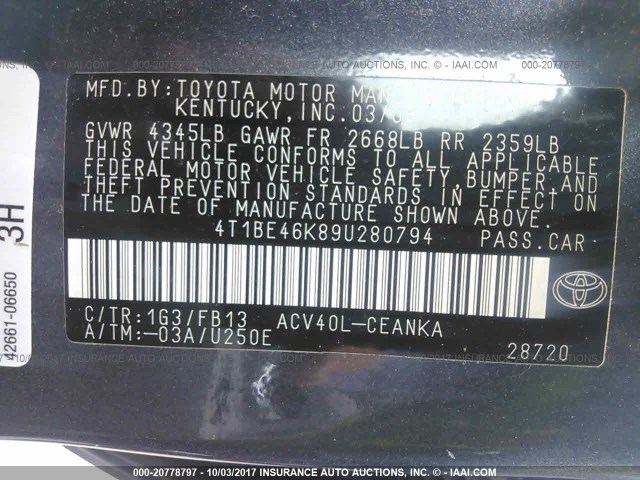 4T1BE46K89U280794 - 2009 TOYOTA CAMRY SE/LE/XLE GRAY photo 9