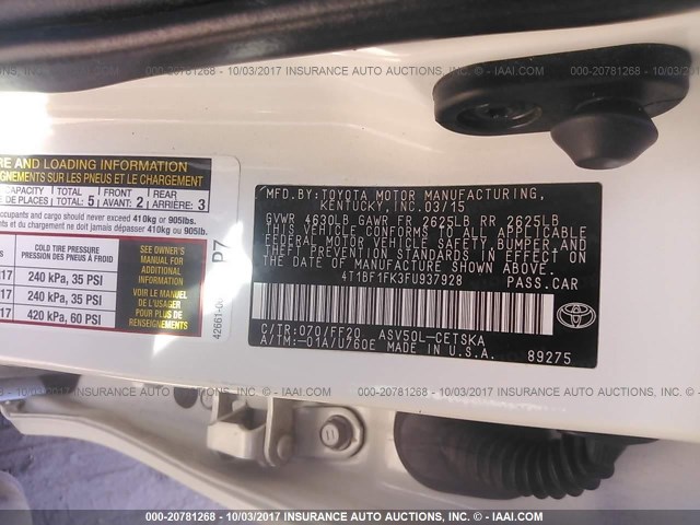 4T1BF1FK3FU937928 - 2015 TOYOTA CAMRY LE/XLE/SE/XSE თეთრი ფოტო 9