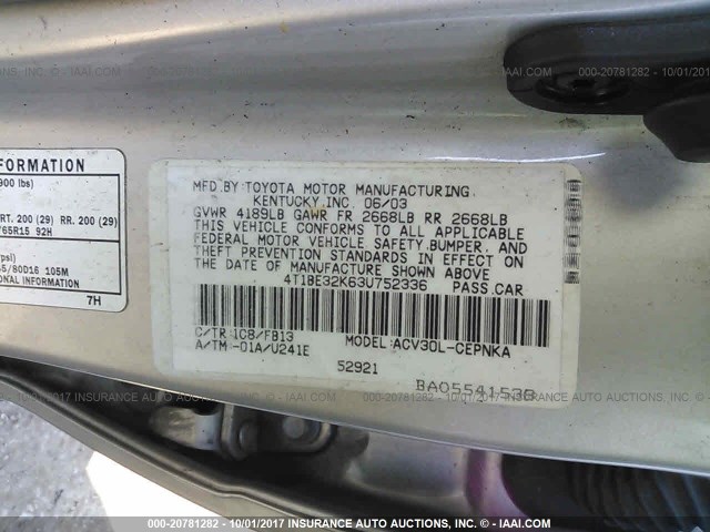 4T1BE32K63U752336 - 2003 TOYOTA CAMRY LE/XLE/SE SILVER photo 9