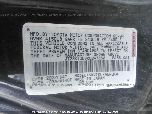 JT2SK13E9R0247362 - 1994 TOYOTA CAMRY XLE BLACK photo 9