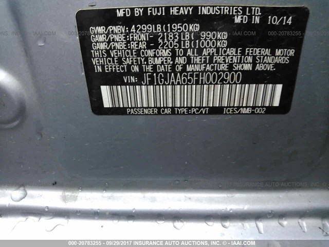 JF1GJAA65FH002900 - 2015 SUBARU IMPREZA SILVER photo 9