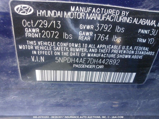 5NPDH4AE7DH442892 - 2013 HYUNDAI ELANTRA GLS/LIMITED BLUE photo 9